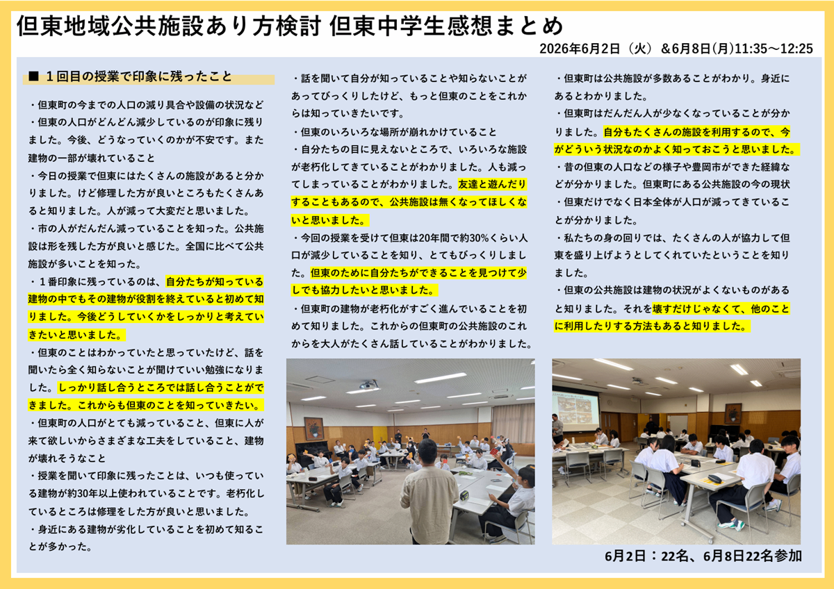 「但東地域公共施設あり方検討 但東中学生感想まとめ」というタイトルの文書。但東地域の中学生が公共施設の現状や人口減少について学んだ際の感想が箇条書きで記されており、授業風景の写真が2枚添えられている。